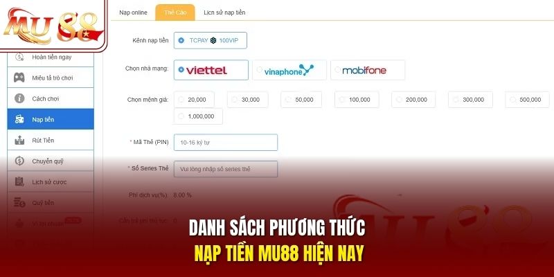 Danh sách phương thức nạp tiền mu88 hiện nay Danh sách phương thức nạp tiền mu88 hiện nay